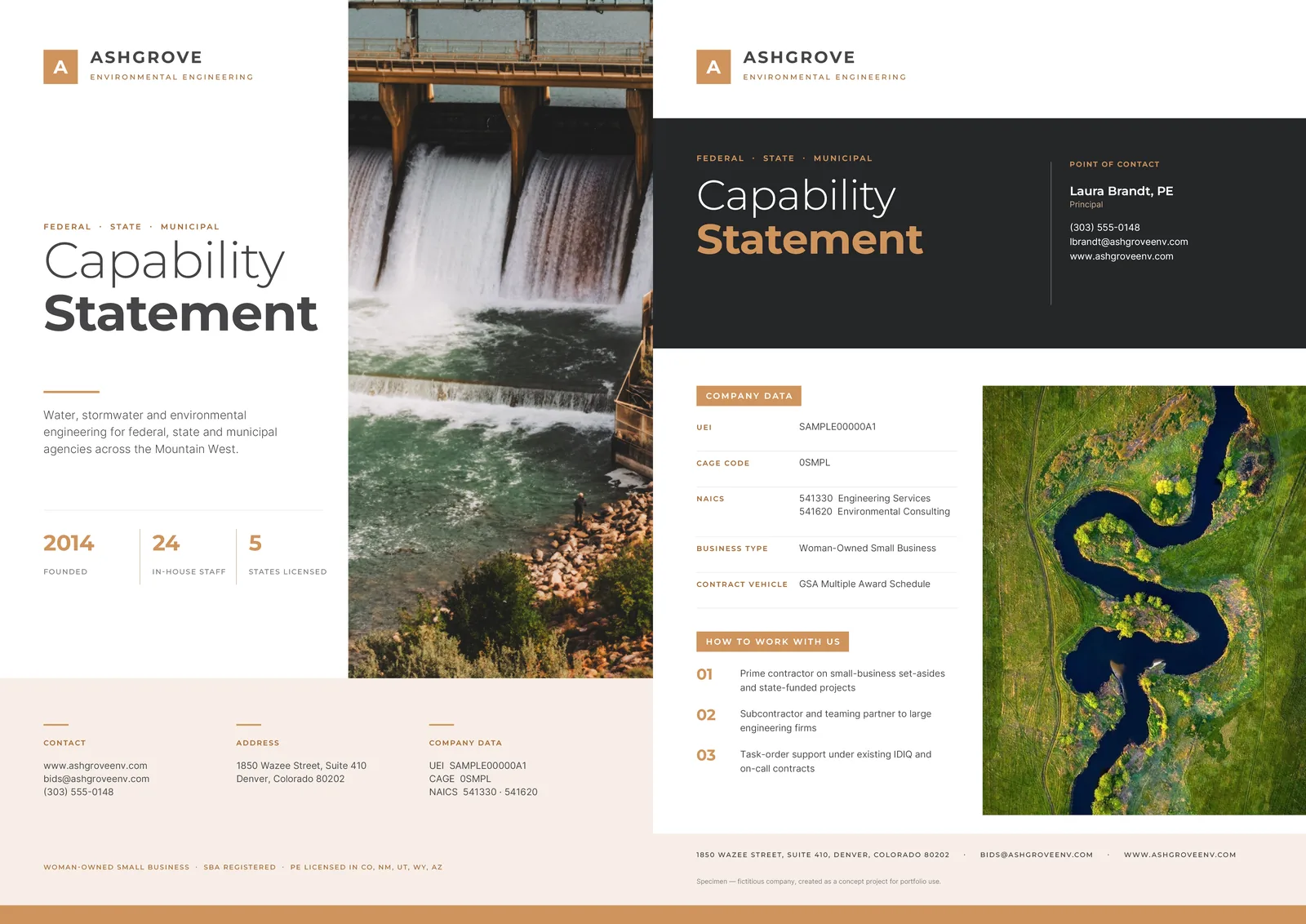 Ashgrove capability statement: Back page with company data, and the front cover.