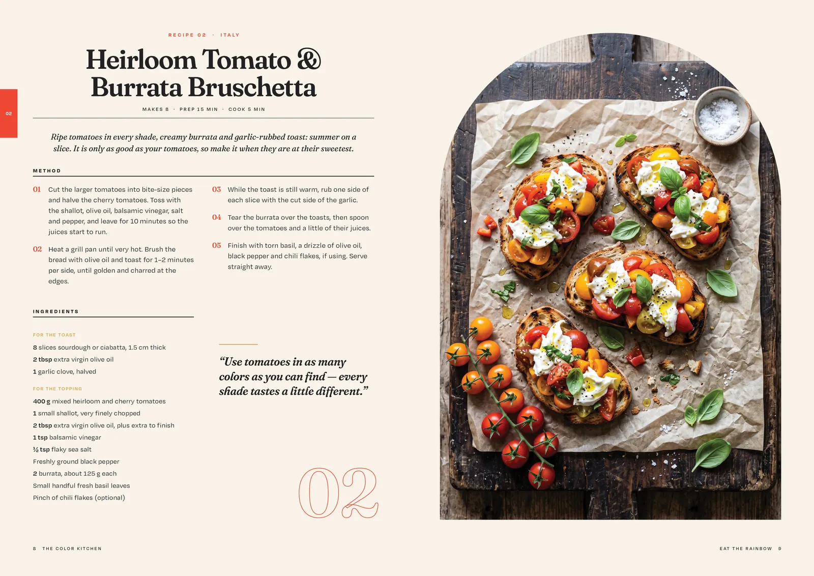 The Color Kitchen cookbook: Heirloom tomato and burrata bruschetta.
