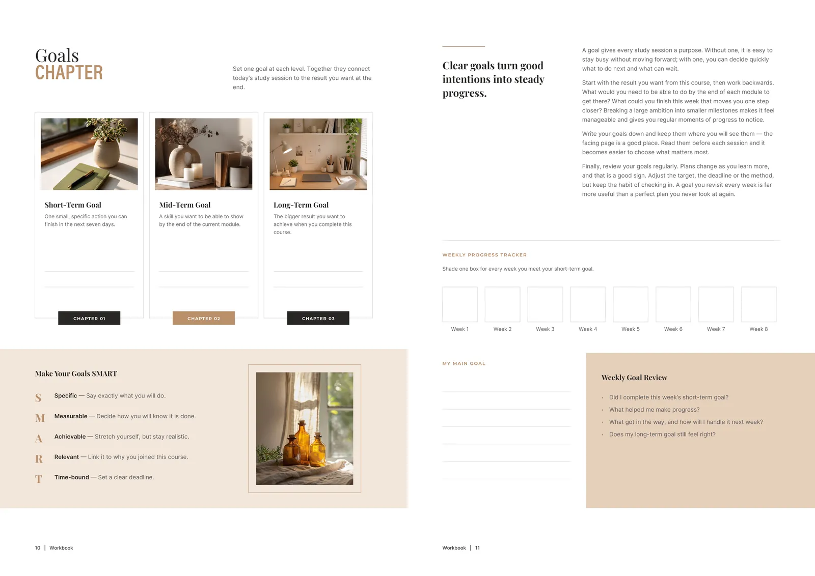 Course workbook: The goals chapter, with SMART goals and a weekly tracker.