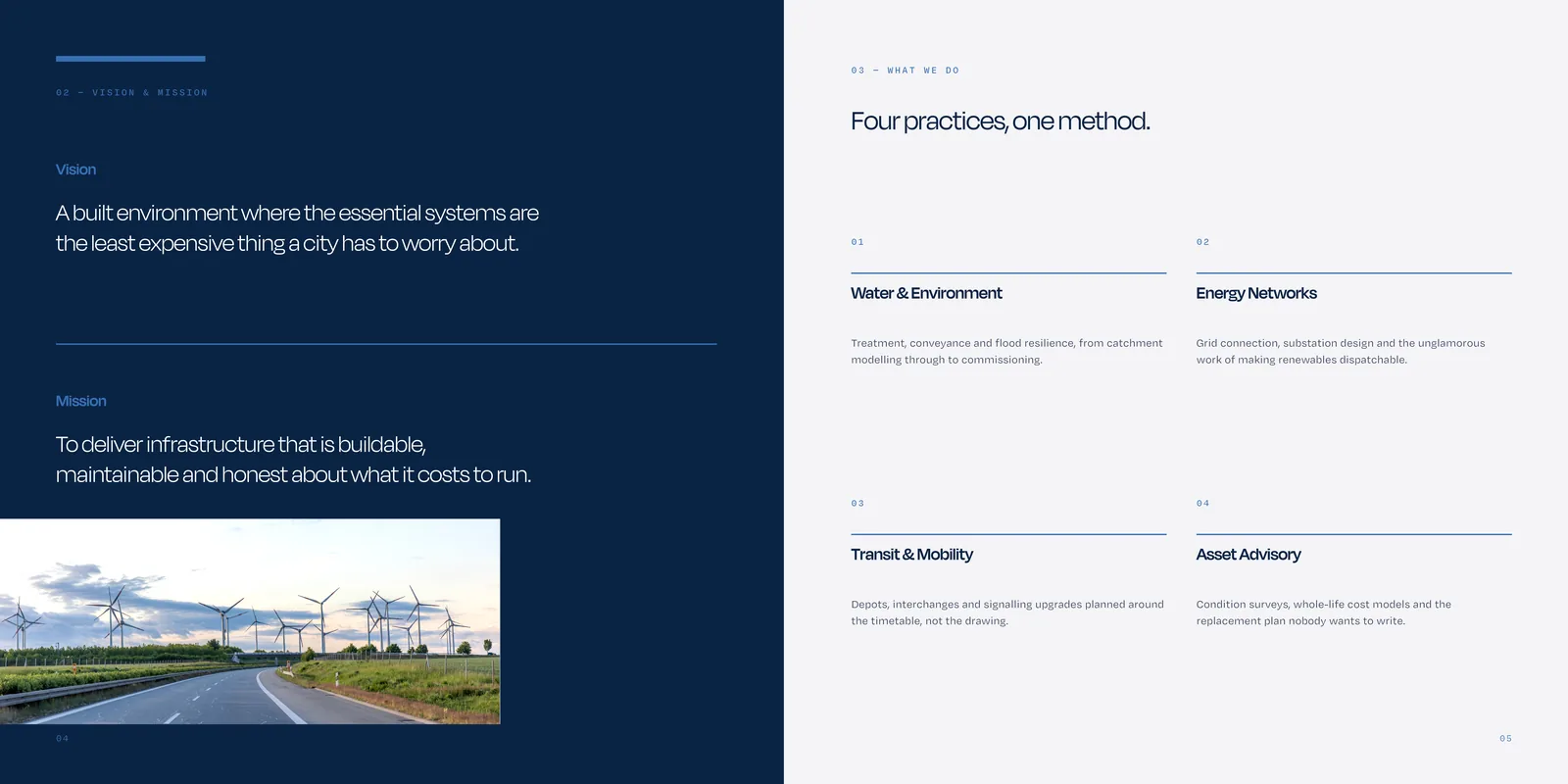 Halvern Group company profile: Vision and mission on navy, the four practices on grey.