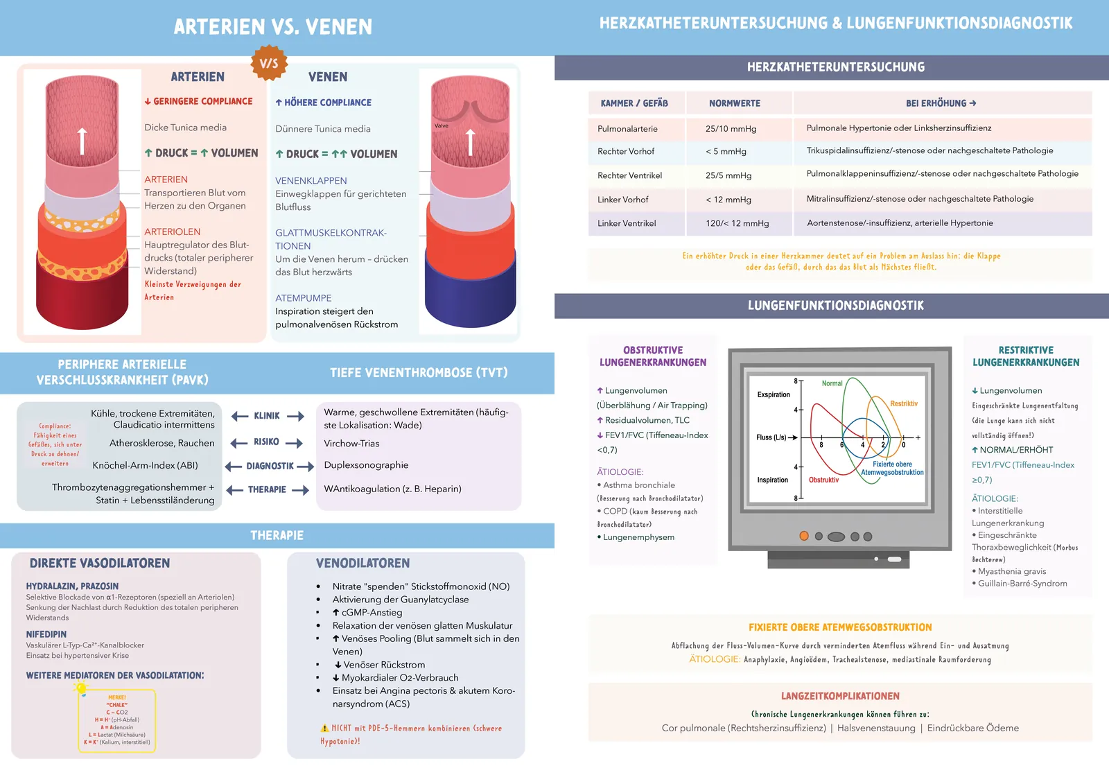 Medibook, German medical study book: Arteries against veins, then cardiac catheterisation and lung function tests.