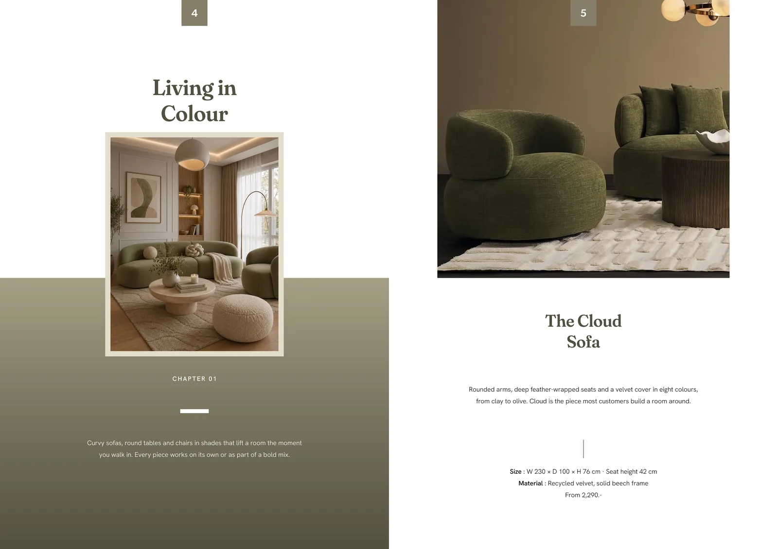 Paletta furniture catalogue: Living in Colour opener and the Cloud sofa.