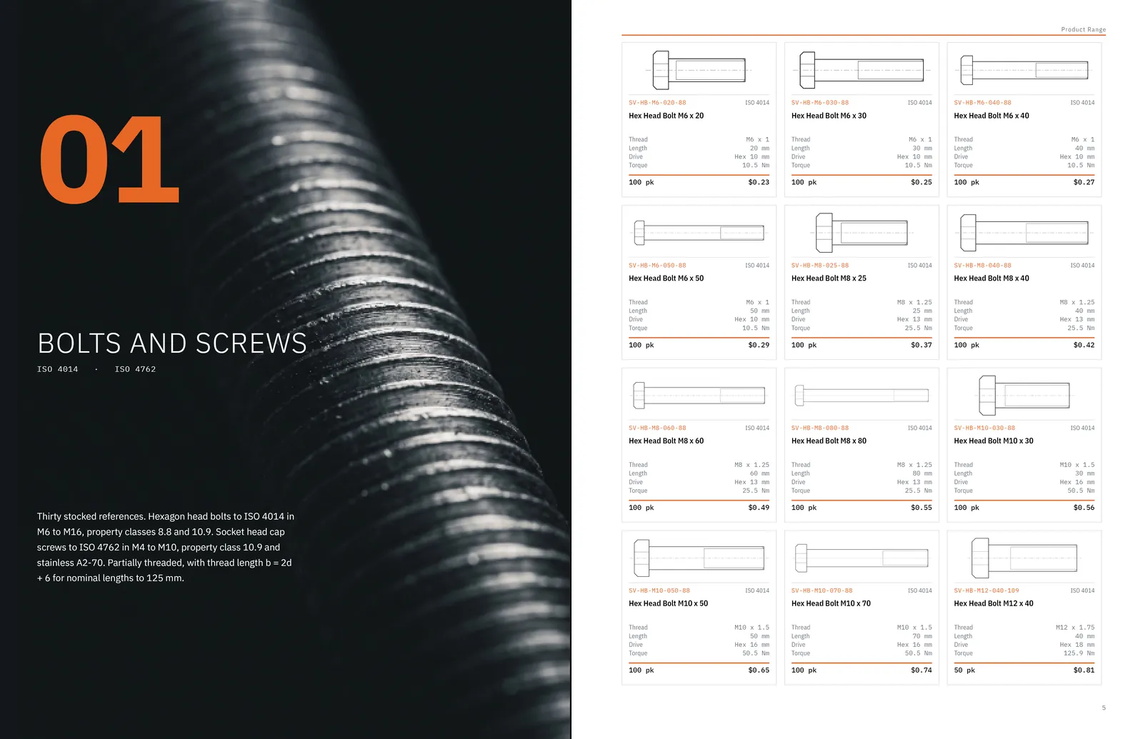 STENVIK fastener catalogue: Section 01 opener and the first page of hexagon head bolts.